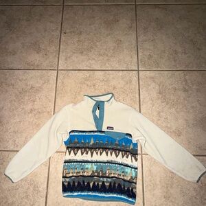 Patagonia Cream Pullover Fleece with Blue & Teal Pattern